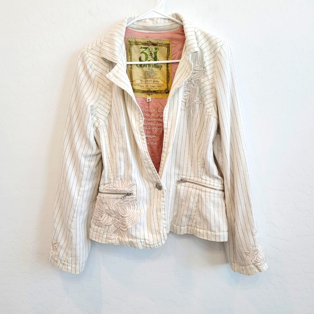 Johnny Was x 3J Workshop White Christie Embroidered Blazer Jacket Size Medium